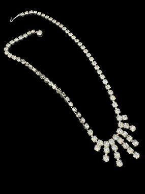 Vintage 1960s Rhinestones Necklace Clear and Silver Tone Hook Clasp Fringe Drops